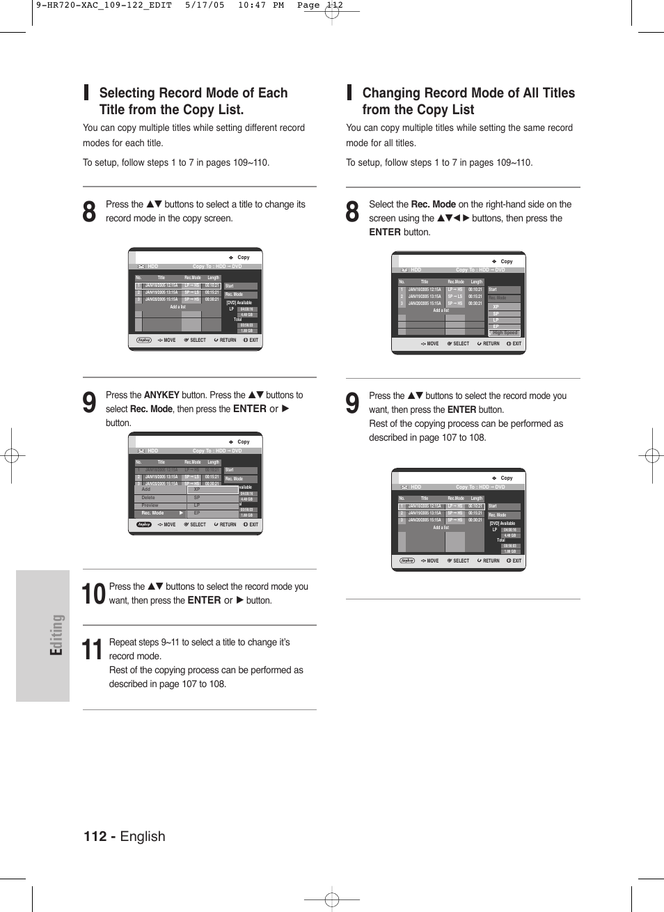 Editing, 112 - english, Enter or | Button | Samsung DVD-HR720 User Manual | Page 112 / 130