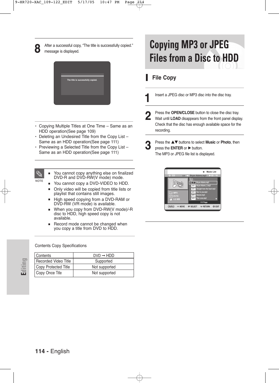 Copying mp3 or jpeg files from a disc to hdd, Editing, 114 - english | File copy | Samsung DVD-HR720 User Manual | Page 114 / 130