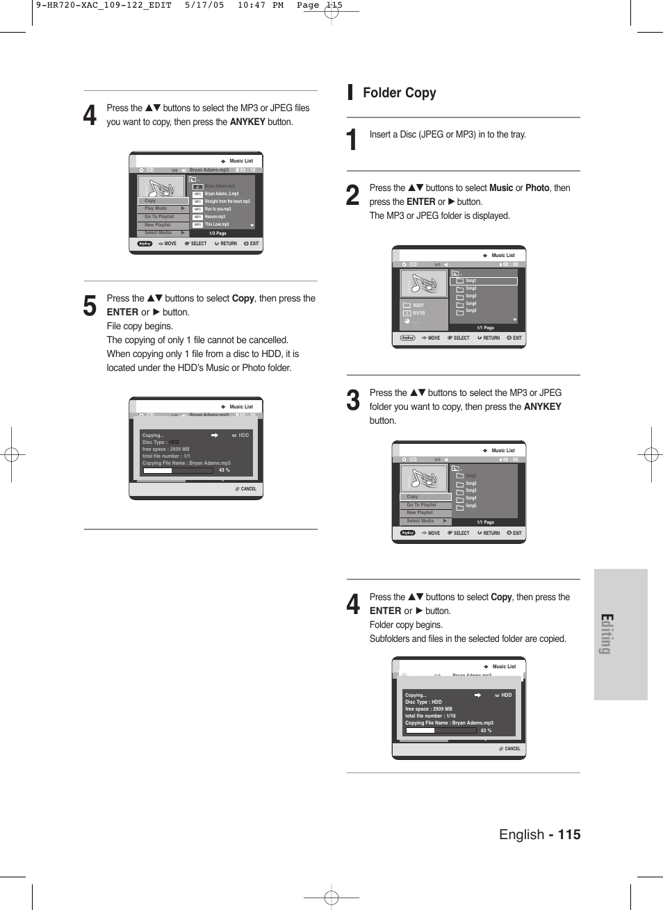 Editing, English - 115, Folder copy | Insert a disc (jpeg or mp3) in to the tray | Samsung DVD-HR720 User Manual | Page 115 / 130