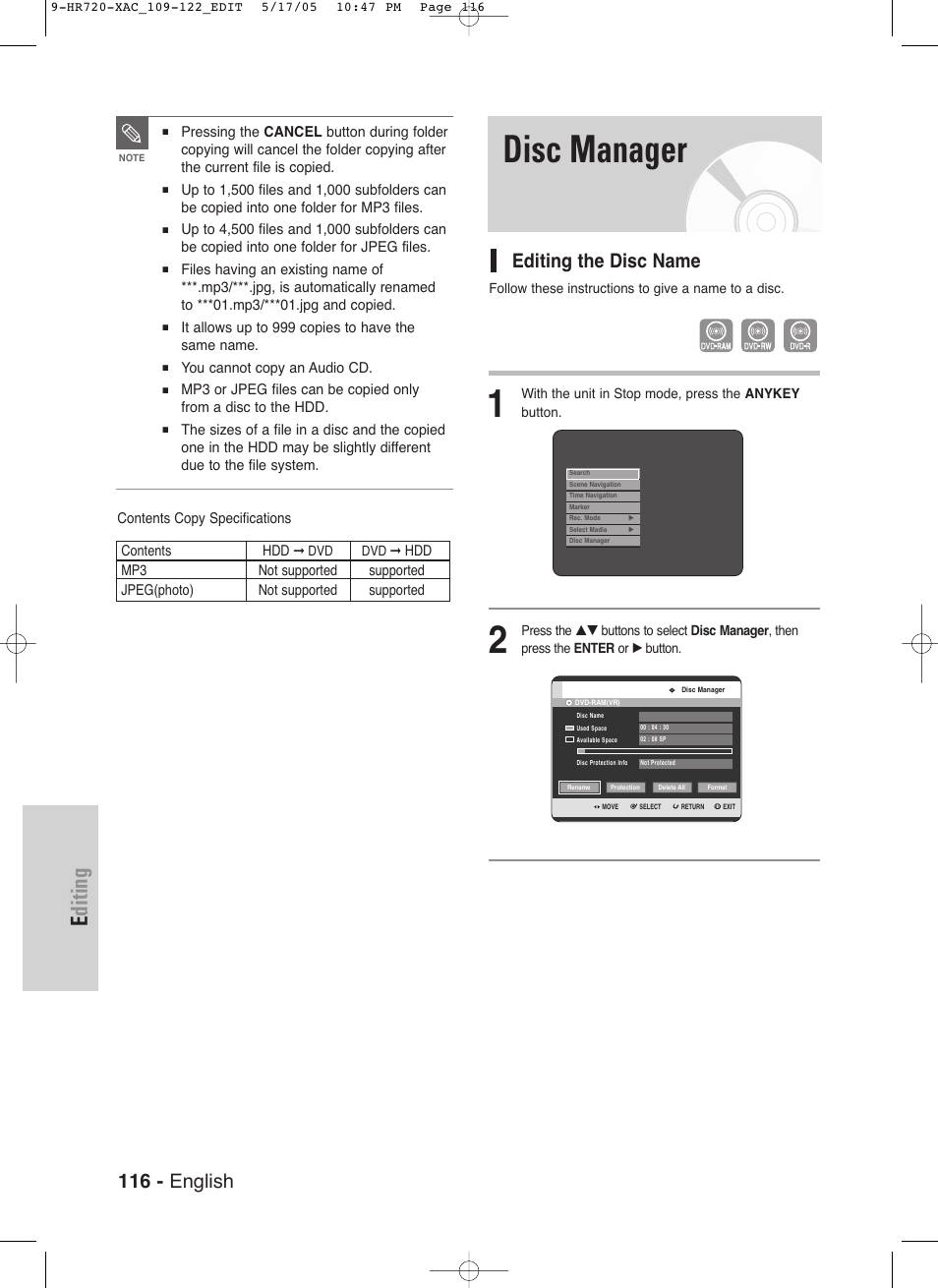 Disc manager, Editing, 116 - english | Editing the disc name | Samsung DVD-HR720 User Manual | Page 116 / 130