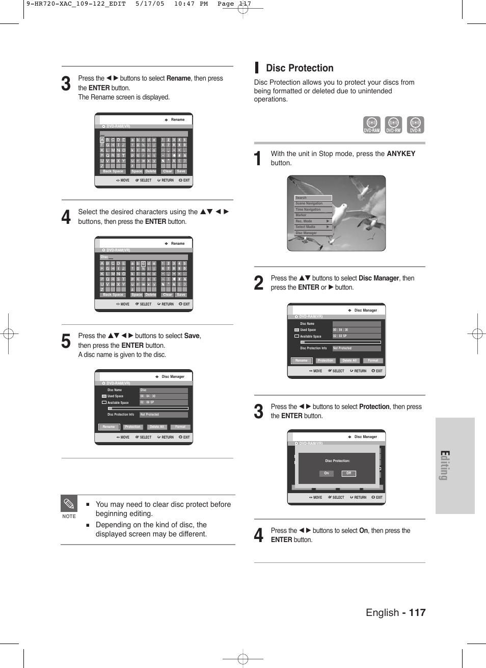 Editing, English - 117, Disc protection | Samsung DVD-HR720 User Manual | Page 117 / 130