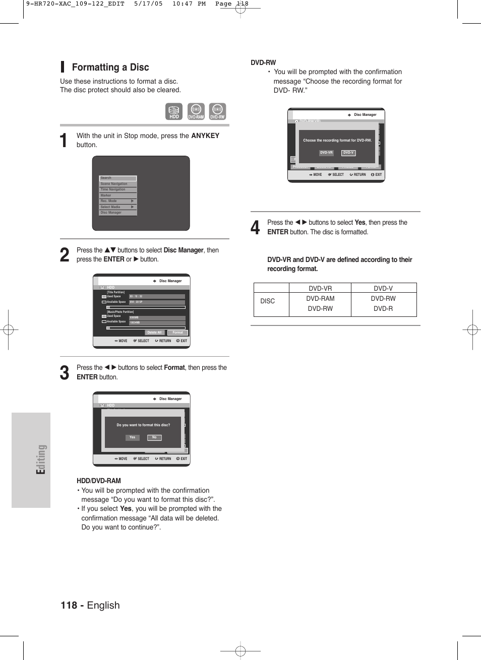 Editing, 118 - english, Formatting a disc | Samsung DVD-HR720 User Manual | Page 118 / 130