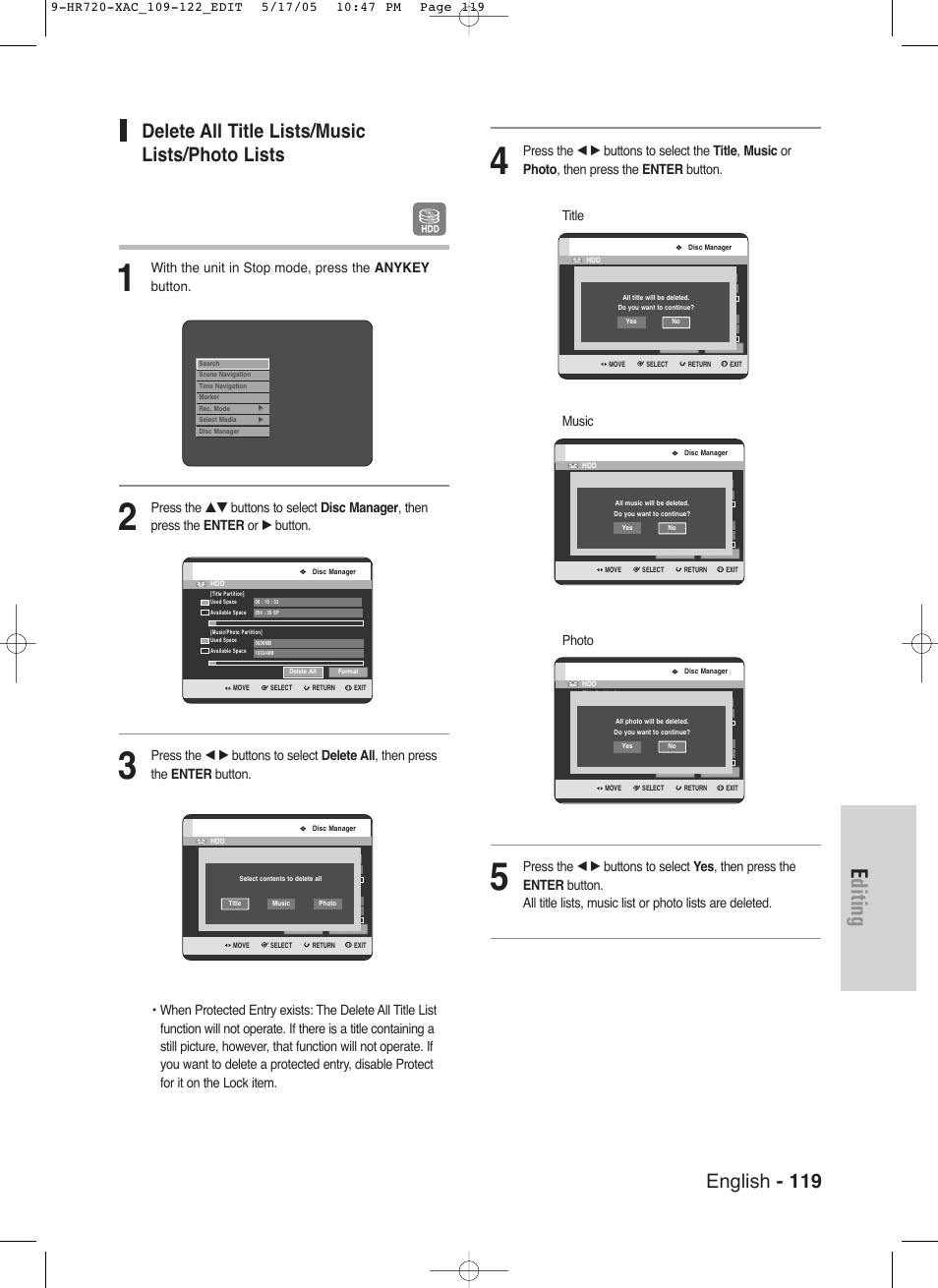 Editing, English - 119, Delete all title lists/music lists/photo lists | Samsung DVD-HR720 User Manual | Page 119 / 130