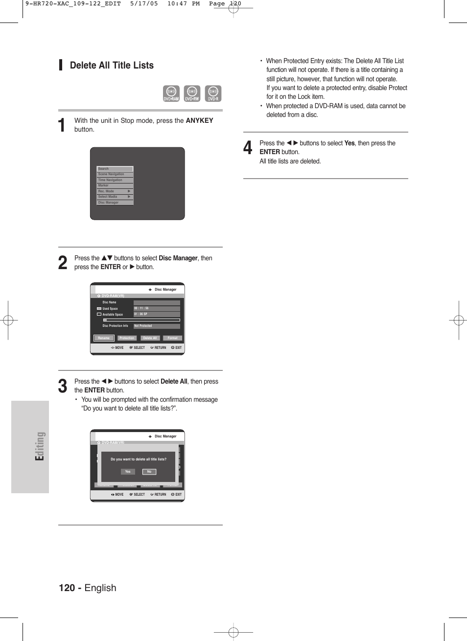 Editing, 120 - english, Delete all title lists | Samsung DVD-HR720 User Manual | Page 120 / 130