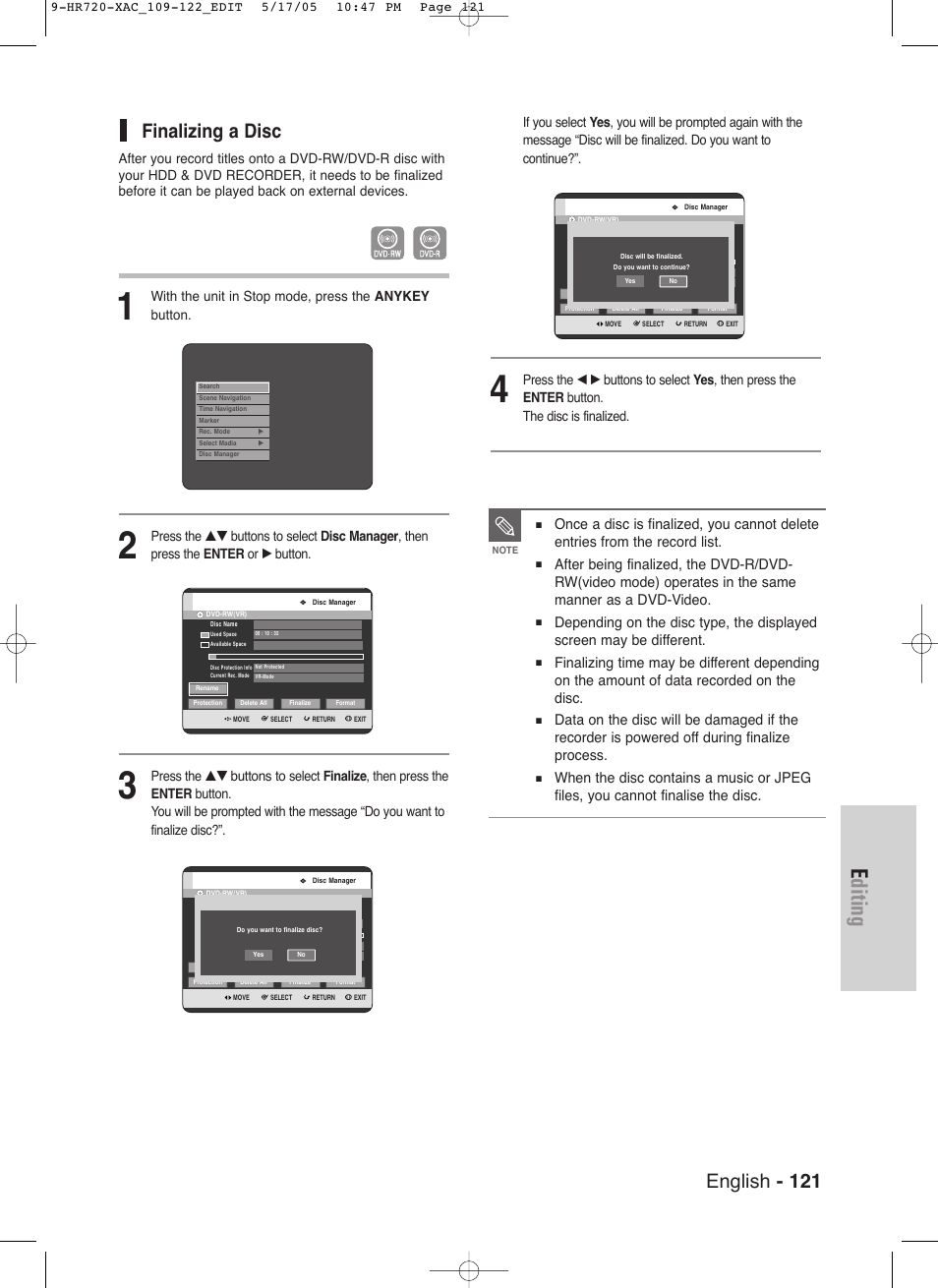 Editing, English - 121, Finalizing a disc | Samsung DVD-HR720 User Manual | Page 121 / 130