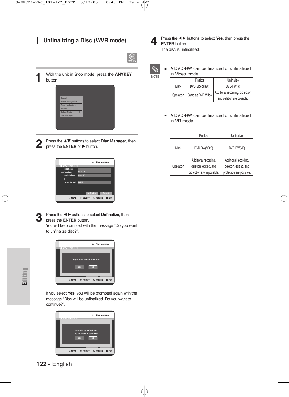 Editing, 122 - english, Unfinalizing a disc (v/vr mode) | Samsung DVD-HR720 User Manual | Page 122 / 130