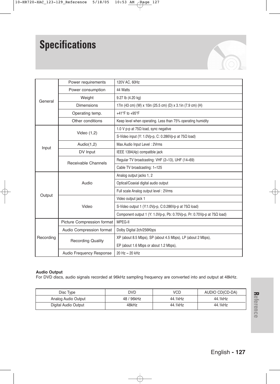 Specifications, Reference, English - 127 | Samsung DVD-HR720 User Manual | Page 127 / 130