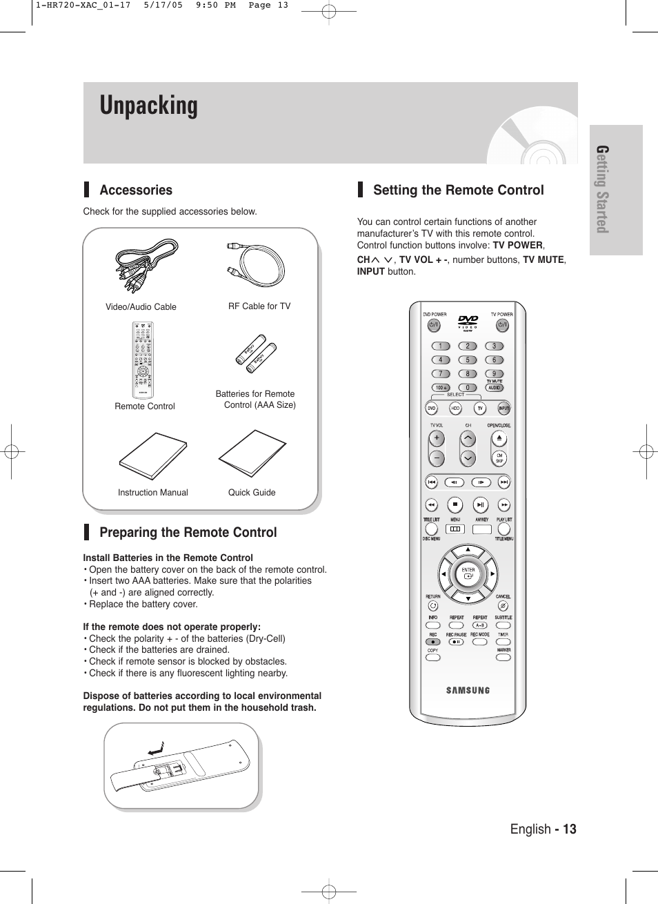 Unpacking, Getting started, English - 13 | Accessories, Preparing the remote control, Setting the remote control | Samsung DVD-HR720 User Manual | Page 13 / 130