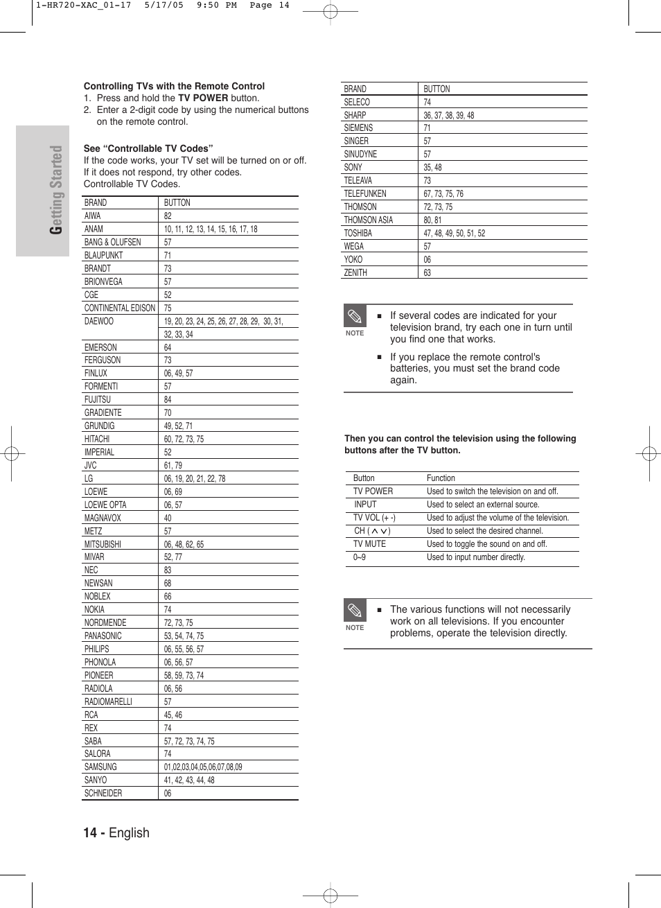 Getting started, 14 - english | Samsung DVD-HR720 User Manual | Page 14 / 130