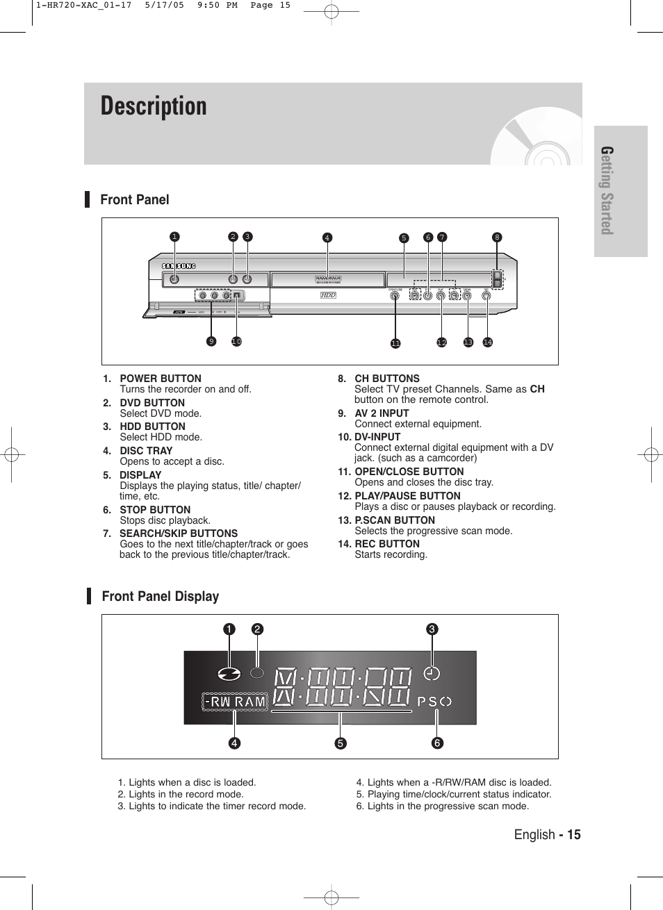 Description, Getting started, English - 15 | Front panel, Front panel display | Samsung DVD-HR720 User Manual | Page 15 / 130