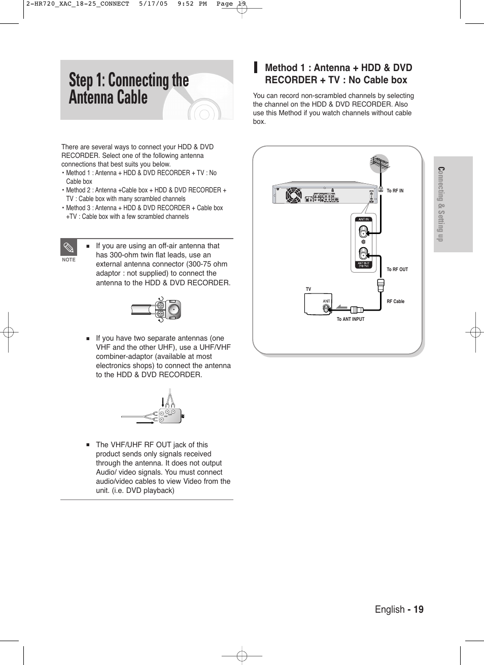 Step 1: connecting the antenna cable, English - 19 | Samsung DVD-HR720 User Manual | Page 19 / 130