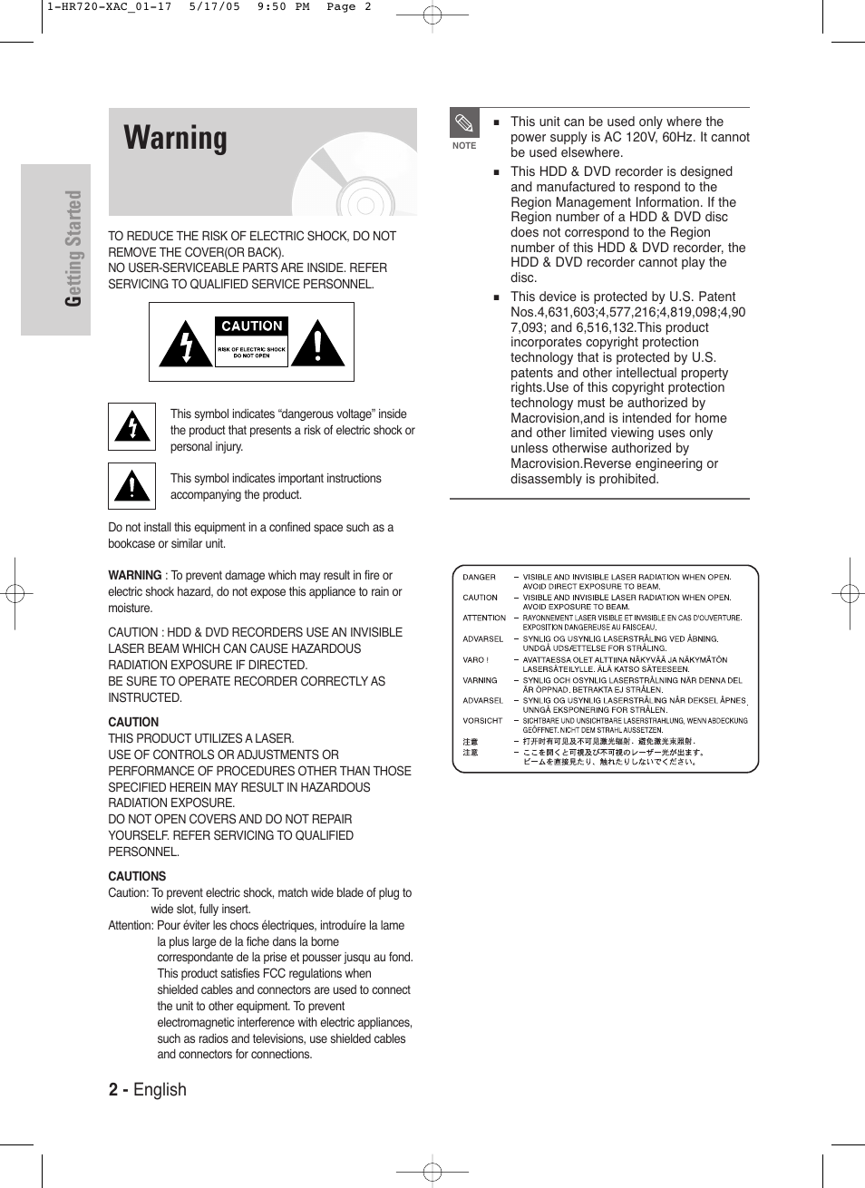 Warning, Getting started, 2 - english | Samsung DVD-HR720 User Manual | Page 2 / 130