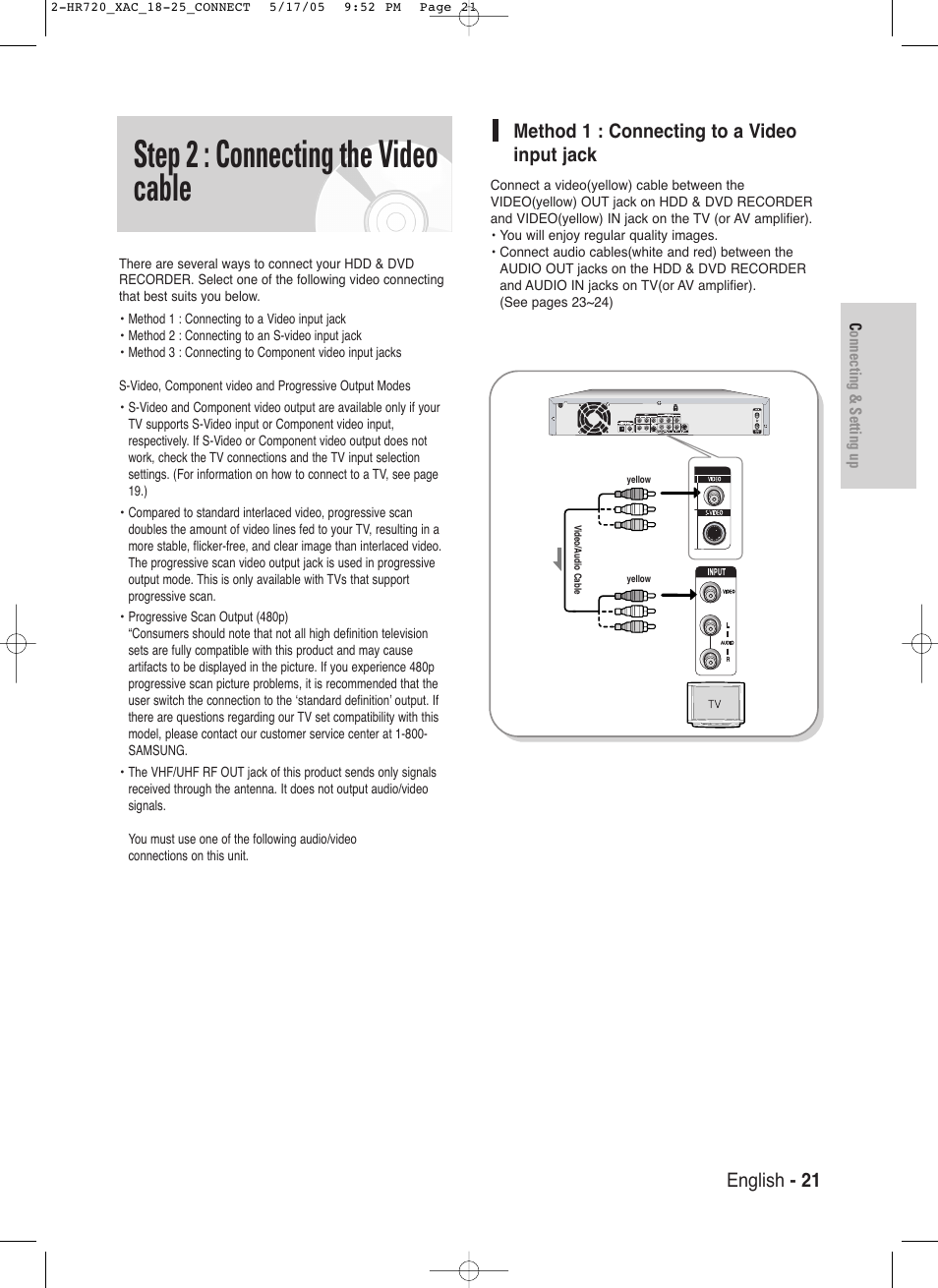 Step 2 : connecting the video cable, English - 21, Method 1 : connecting to a video input jack | Samsung DVD-HR720 User Manual | Page 21 / 130