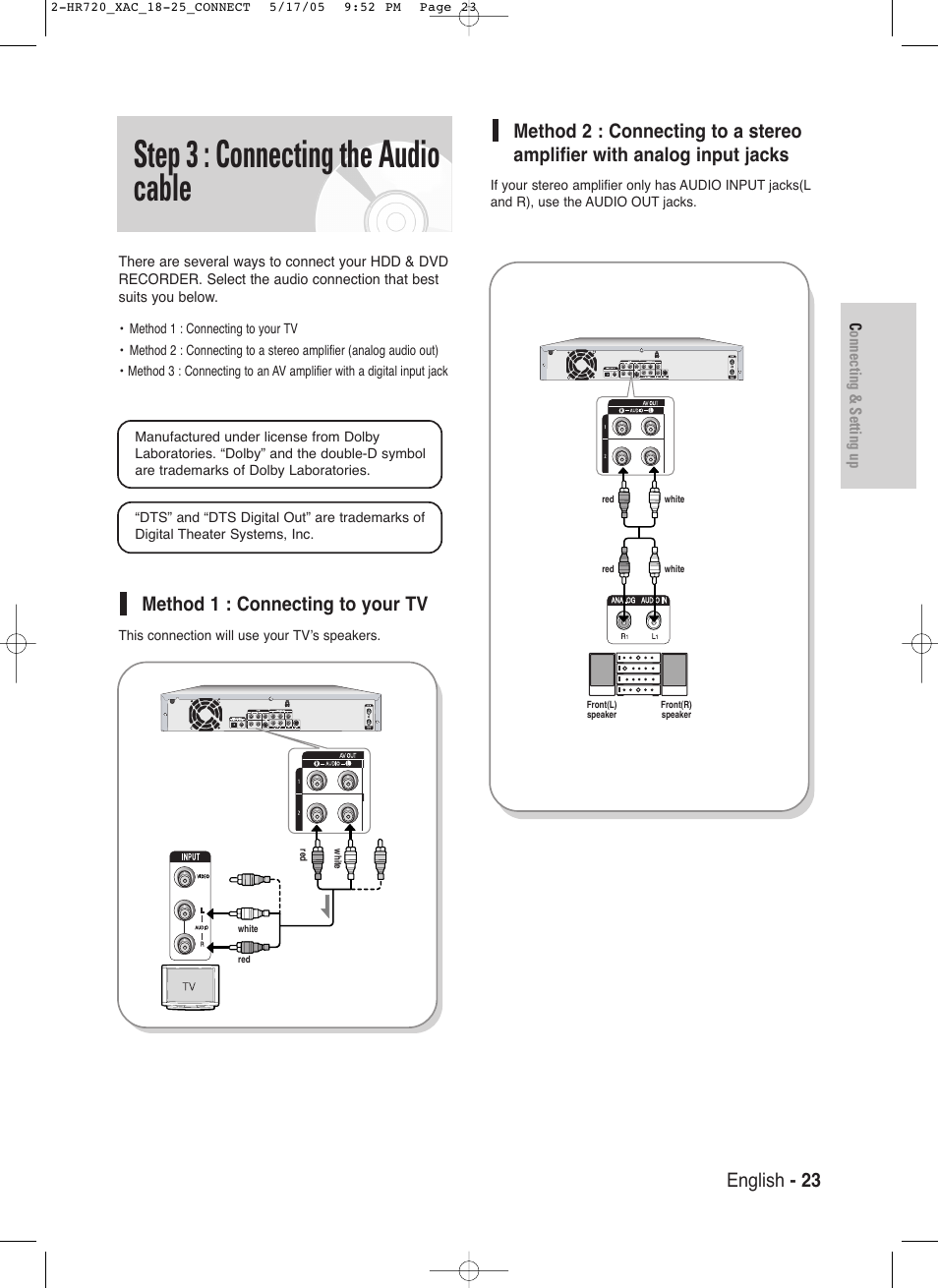 Step 3 : connecting the audio cable, English - 23, Method 1 : connecting to your tv | Samsung DVD-HR720 User Manual | Page 23 / 130