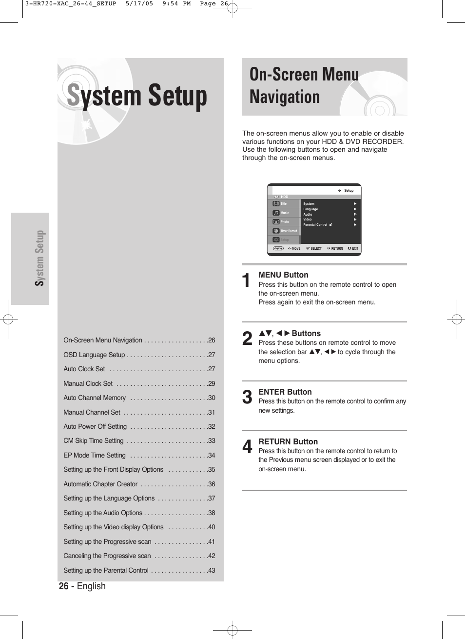 On-screen menu navigation, System setup, 26 - english | Samsung DVD-HR720 User Manual | Page 26 / 130