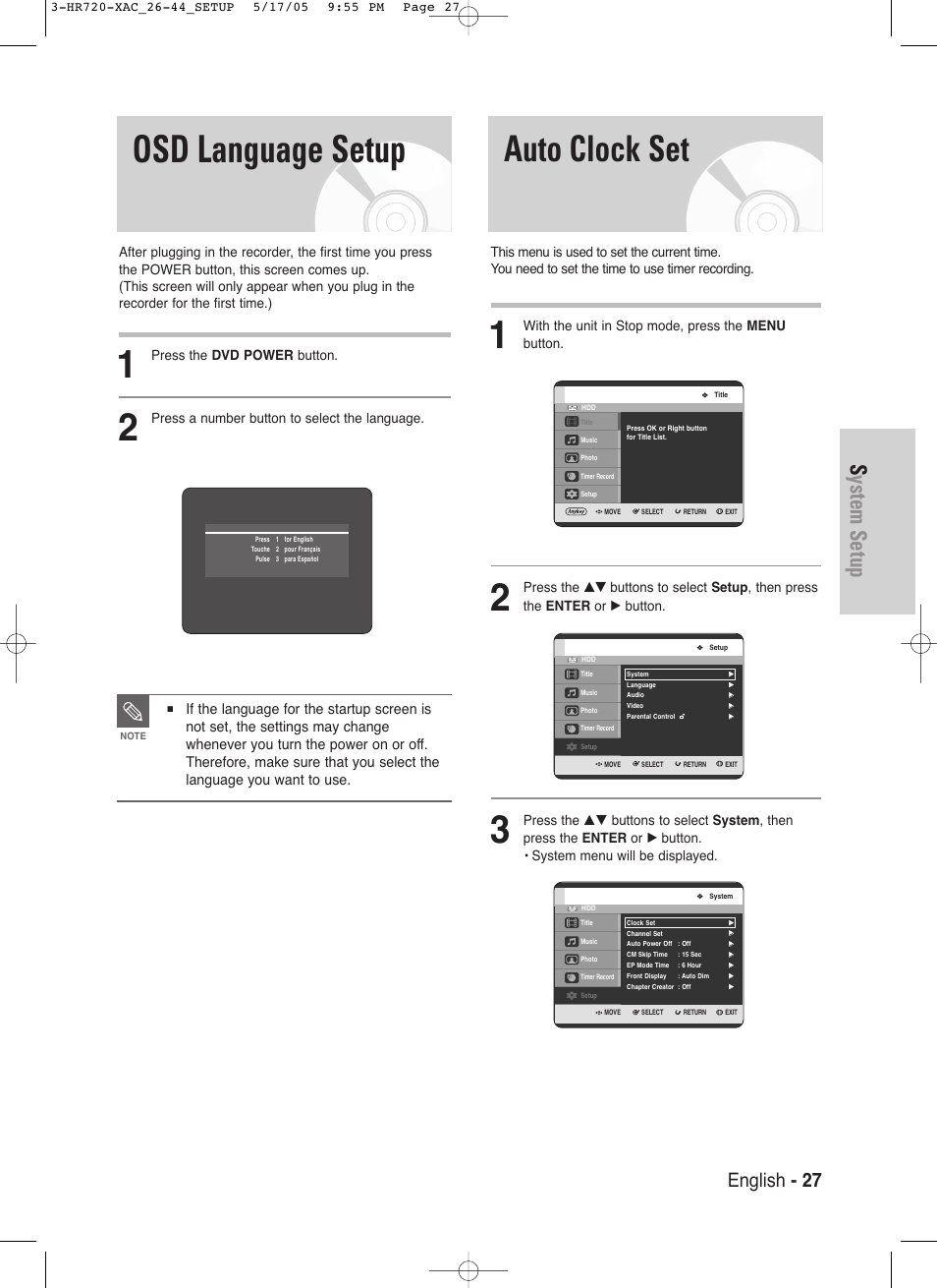 Osd language setup, Auto clock set, System setup | English - 27, Press the dvd power button, Press a number button to select the language, With the unit in stop mode, press the menu button | Samsung DVD-HR720 User Manual | Page 27 / 130