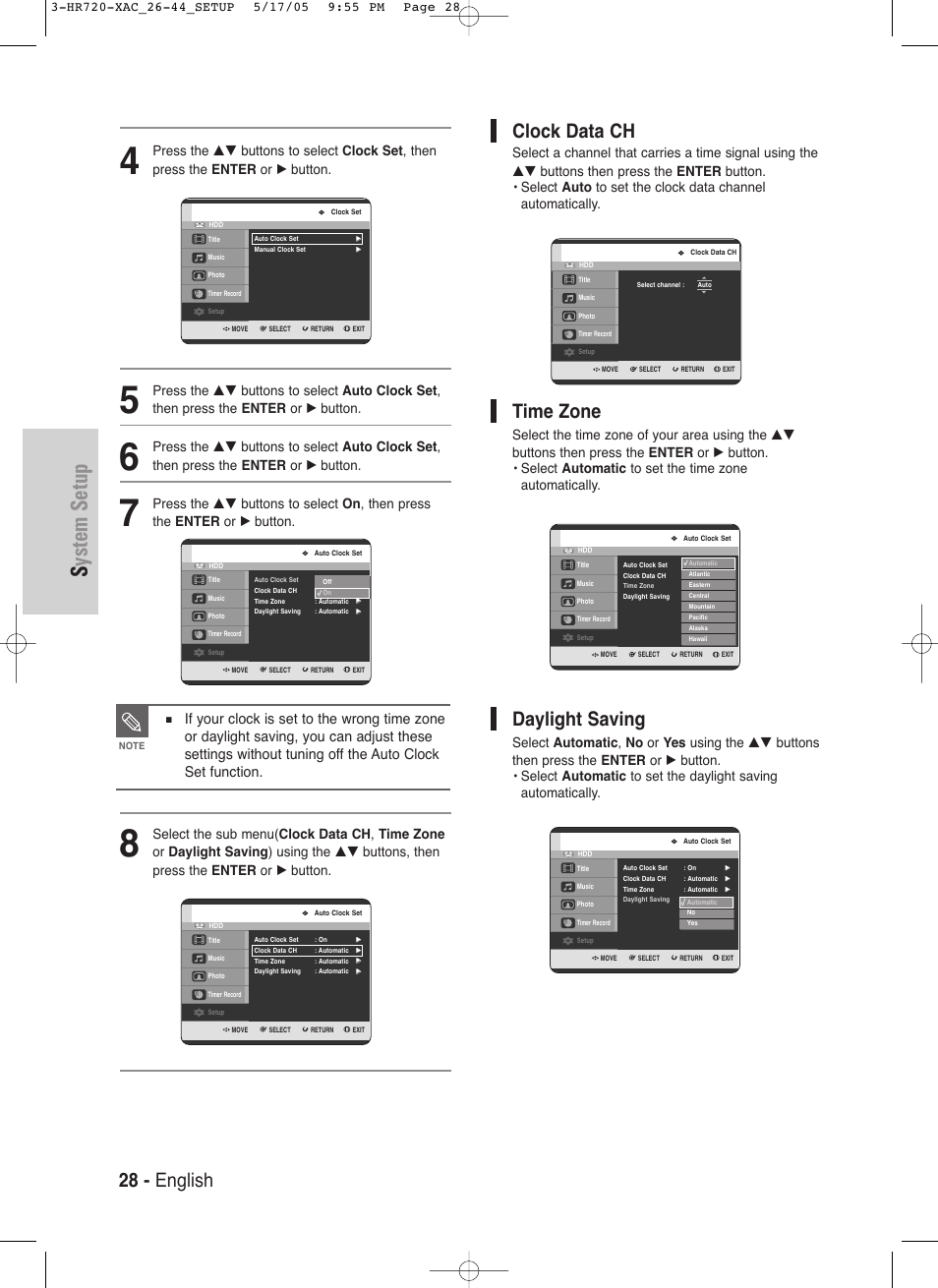 System setup, 28 - english, Clock data ch | Time zone, Daylight saving | Samsung DVD-HR720 User Manual | Page 28 / 130