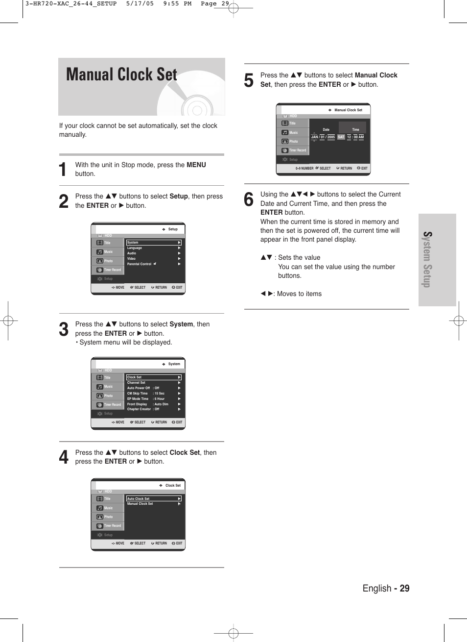 Manual clock set, System setup, English - 29 | With the unit in stop mode, press the menu button | Samsung DVD-HR720 User Manual | Page 29 / 130