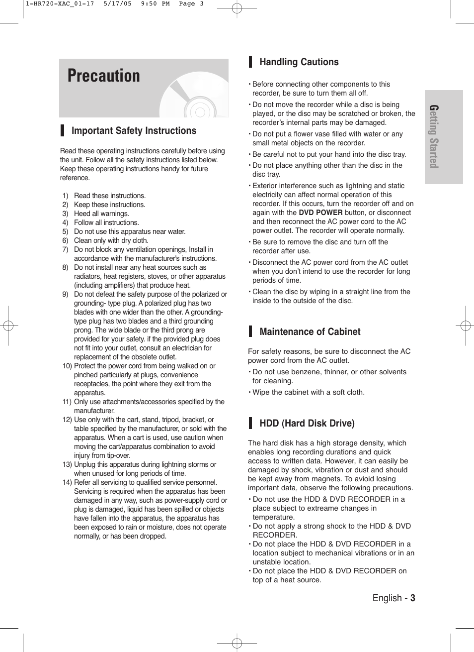 Precaution, Getting started, English - 3 important safety instructions | Handling cautions, Maintenance of cabinet, Hdd (hard disk drive) | Samsung DVD-HR720 User Manual | Page 3 / 130