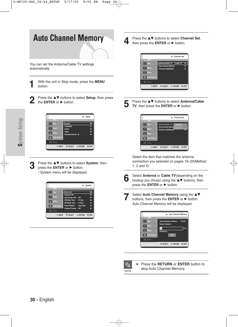 System setup, 30 - english, With the unit in stop mode, press the menu button | Samsung DVD-HR720 User Manual | Page 30 / 130