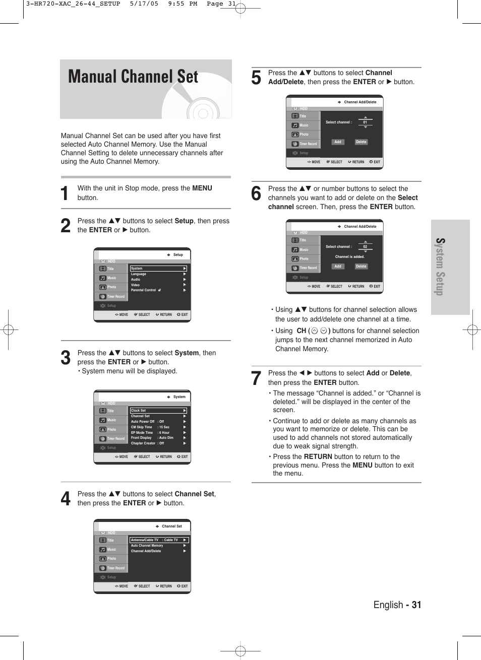 Manual channel set, System setup, English - 31 | With the unit in stop mode, press the menu button | Samsung DVD-HR720 User Manual | Page 31 / 130