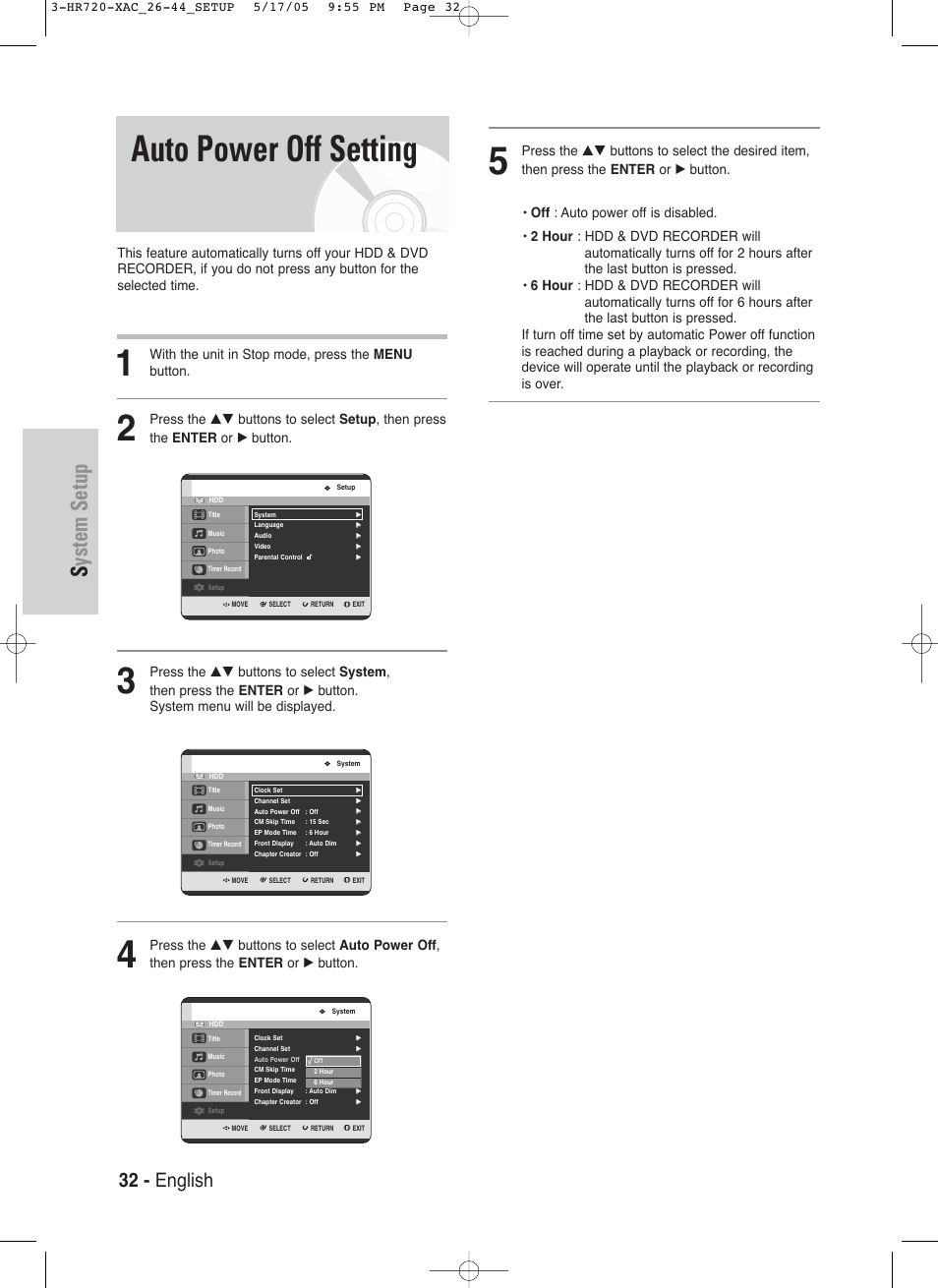 Auto power off setting, System setup, 32 - english | With the unit in stop mode, press the menu button | Samsung DVD-HR720 User Manual | Page 32 / 130