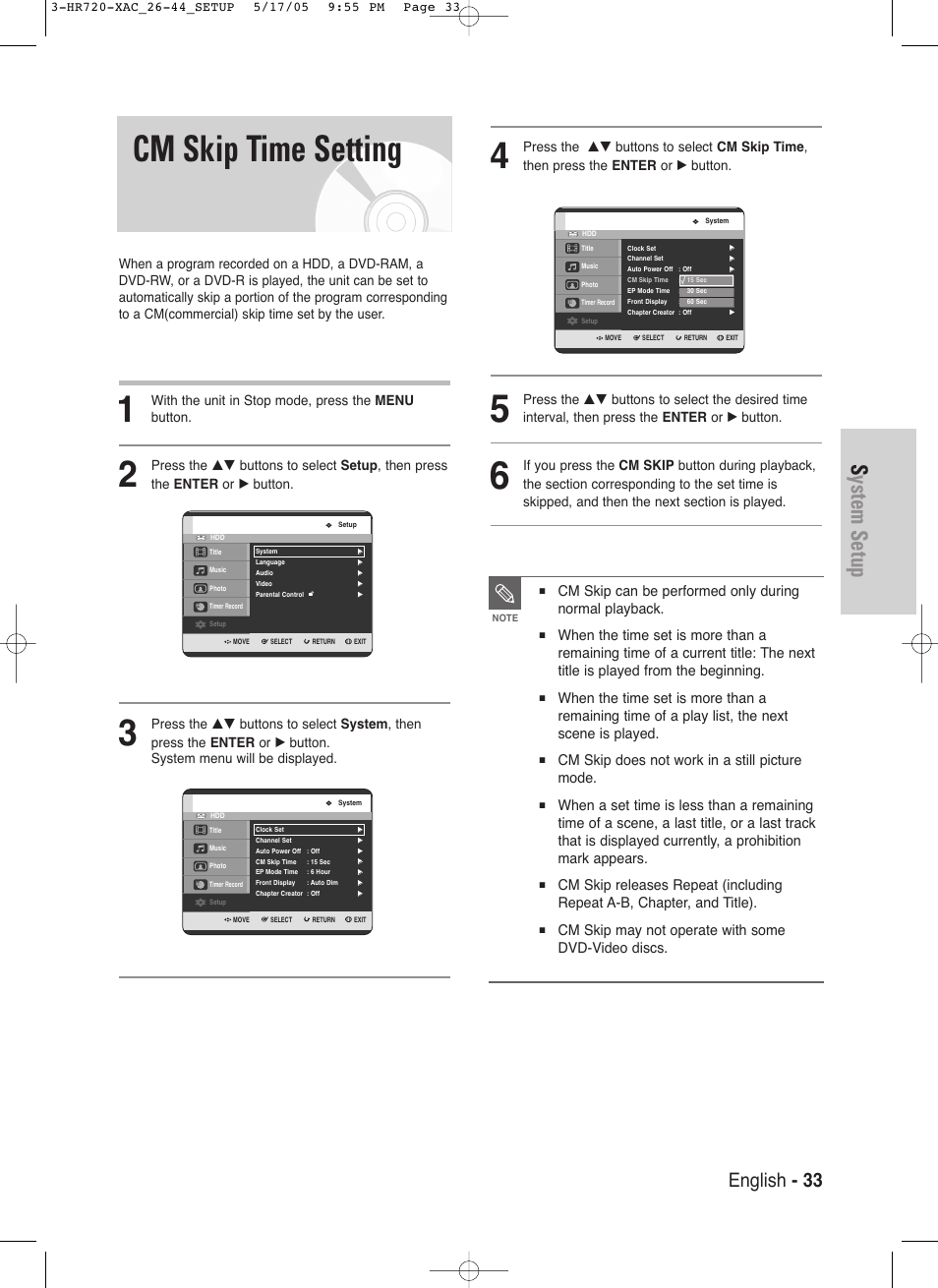 Cm skip time setting, System setup, English - 33 | Cm skip does not work in a still picture mode, Cm skip may not operate with some dvd-video discs, With the unit in stop mode, press the menu button | Samsung DVD-HR720 User Manual | Page 33 / 130