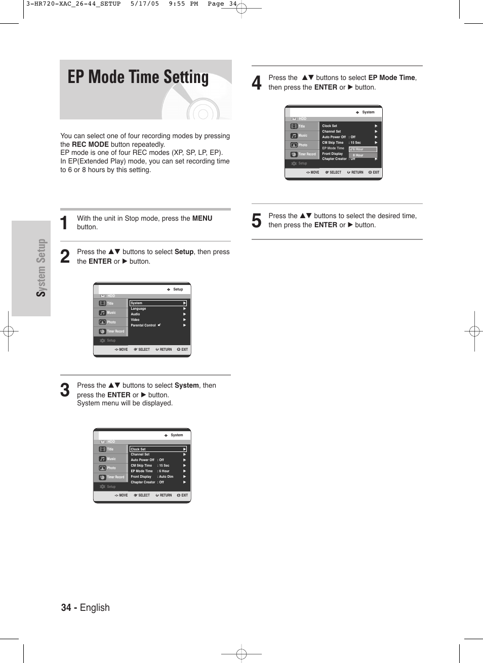 Ep mode time setting, System setup, 34 - english | With the unit in stop mode, press the menu button | Samsung DVD-HR720 User Manual | Page 34 / 130