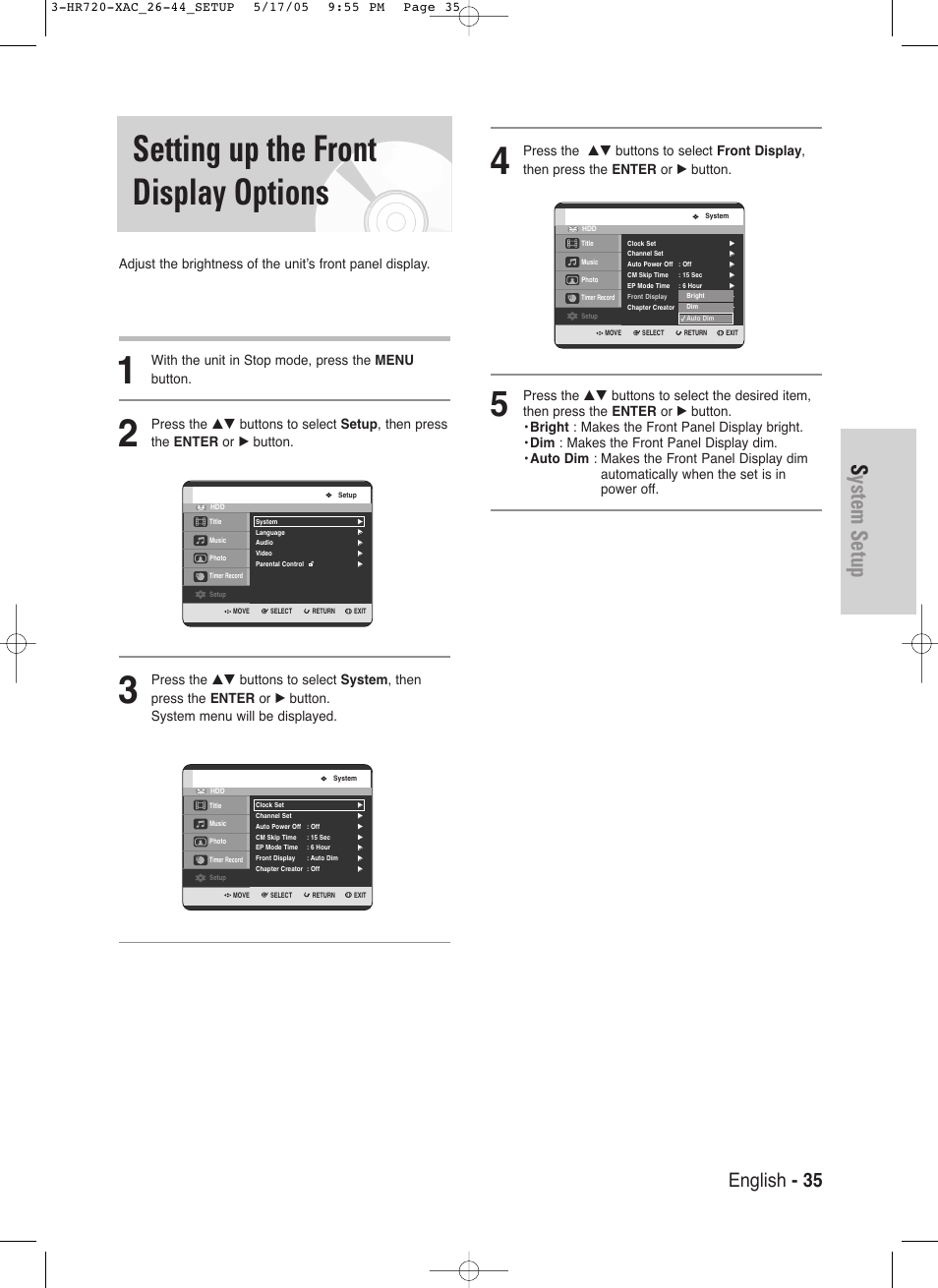 Setting up the front display options, System setup, English - 35 | With the unit in stop mode, press the menu button | Samsung DVD-HR720 User Manual | Page 35 / 130