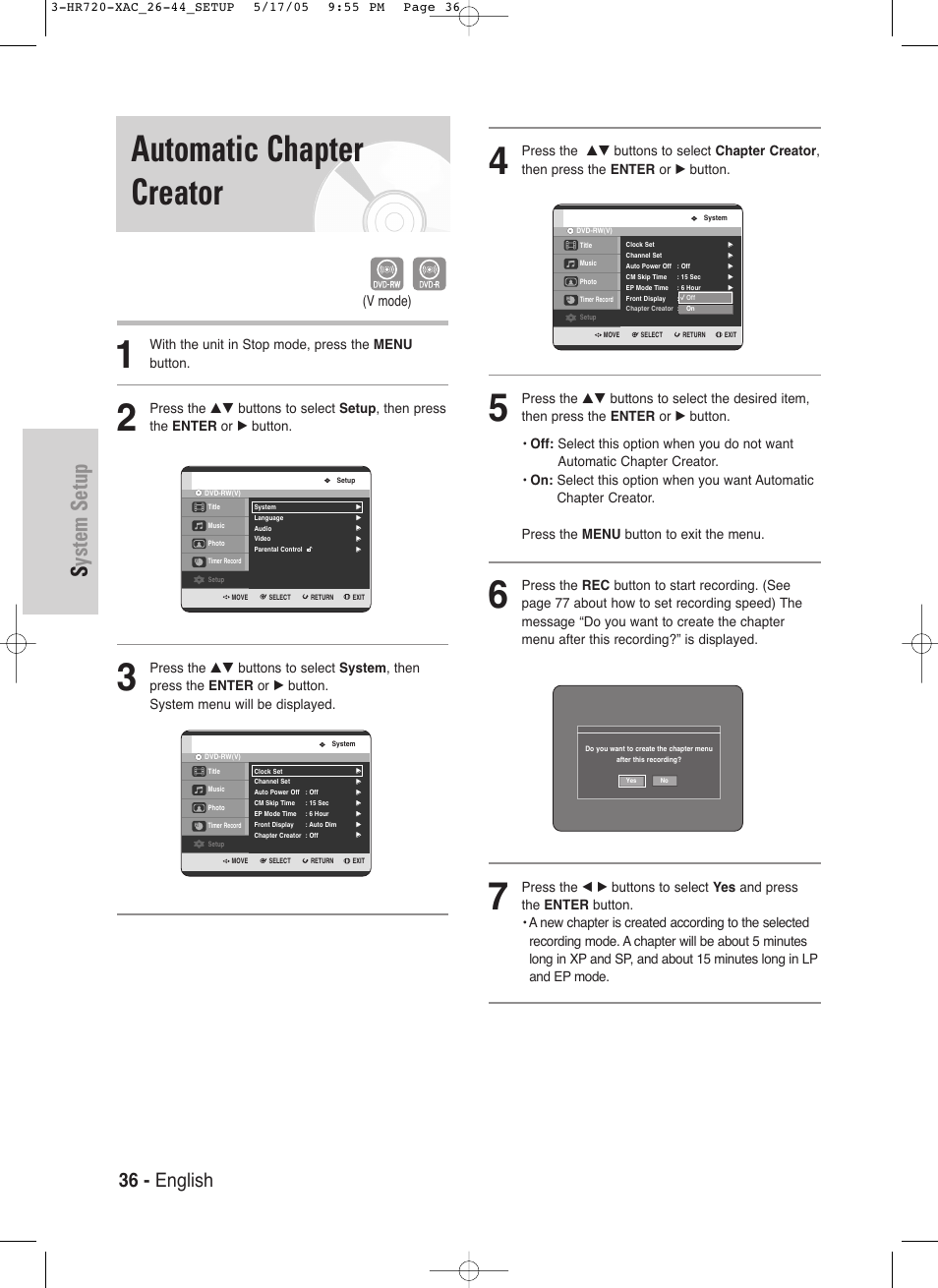 Automatic chapter creator, System setup, 36 - english | V mode), With the unit in stop mode, press the menu button | Samsung DVD-HR720 User Manual | Page 36 / 130