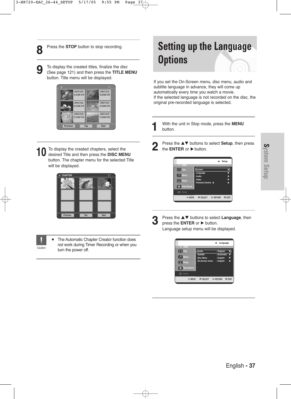 Setting up the language options, System setup, English - 37 | Samsung DVD-HR720 User Manual | Page 37 / 130