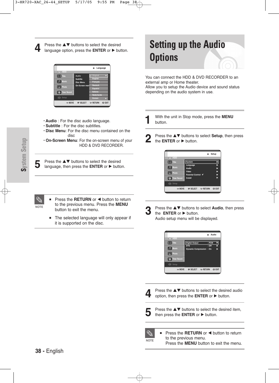 Setting up the audio options, System setup, 38 - english | With the unit in stop mode, press the menu button | Samsung DVD-HR720 User Manual | Page 38 / 130