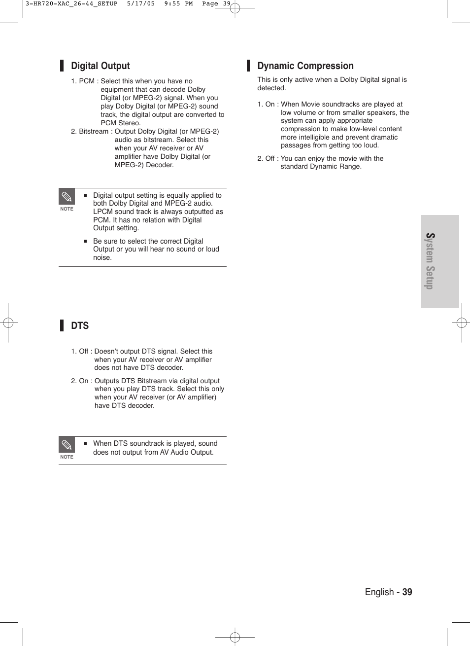 System setup, English - 39, Dynamic compression | Digital output | Samsung DVD-HR720 User Manual | Page 39 / 130