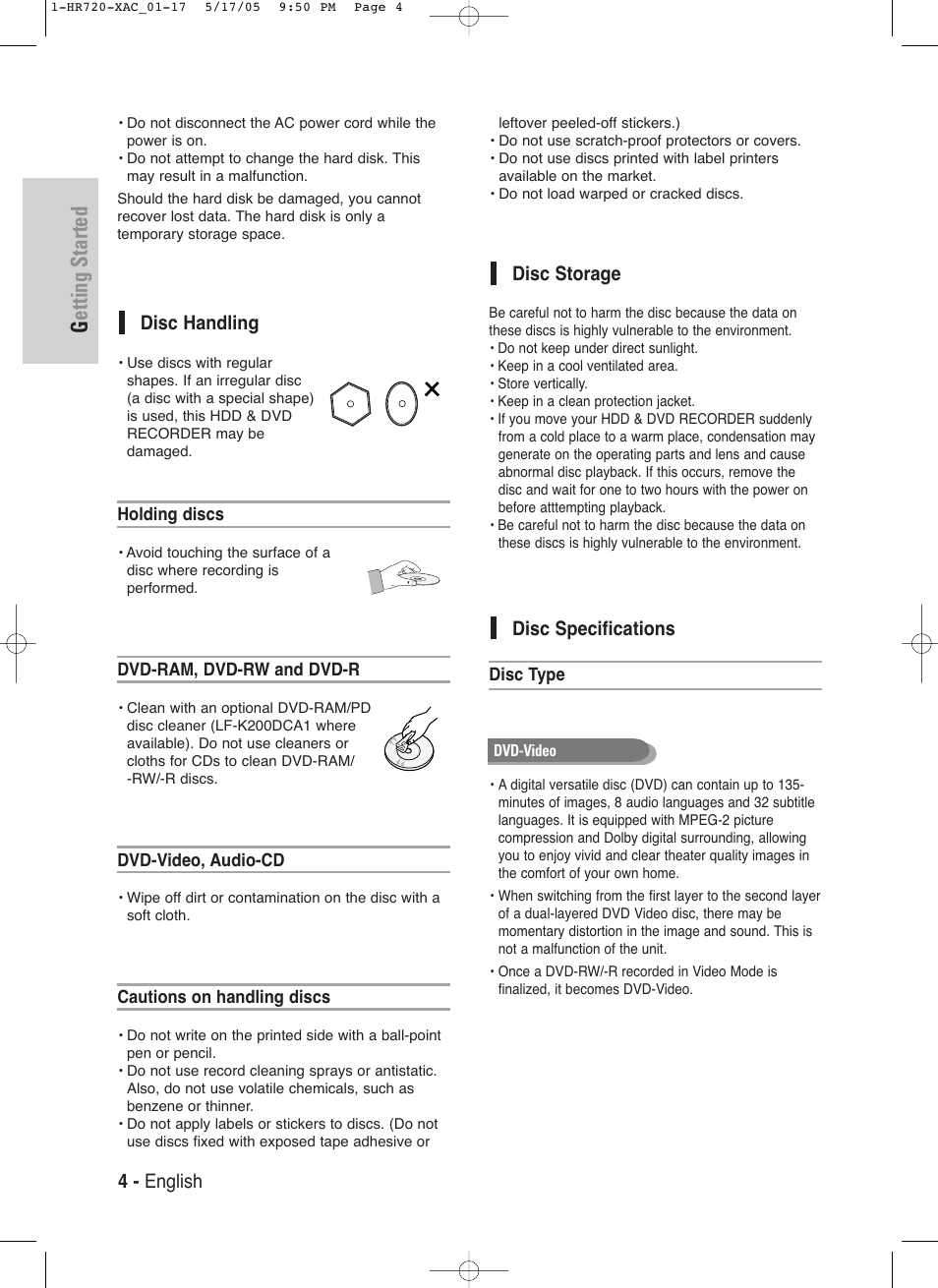 Getting started, 4 - english, Disc storage | Disc specifications, Disc handling | Samsung DVD-HR720 User Manual | Page 4 / 130