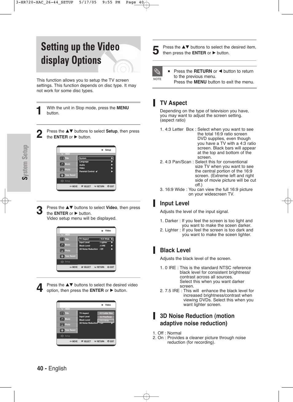 Setting up the video display options, System setup, 40 - english | Tv aspect, Input level, Black level | Samsung DVD-HR720 User Manual | Page 40 / 130