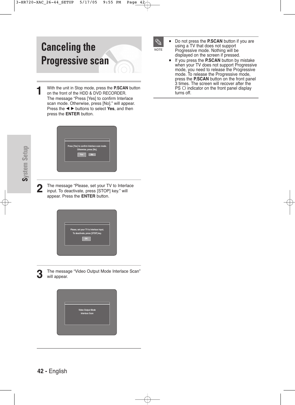 Canceling the progressive scan, System setup, 42 - english | Samsung DVD-HR720 User Manual | Page 42 / 130