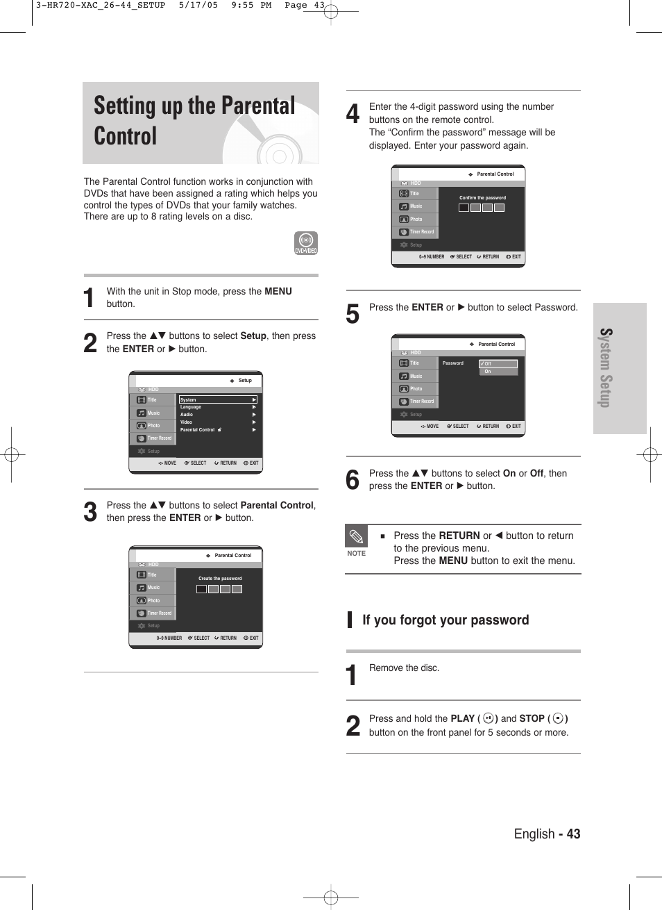 Setting up the parental control, System setup, English - 43 | If you forgot your password | Samsung DVD-HR720 User Manual | Page 43 / 130