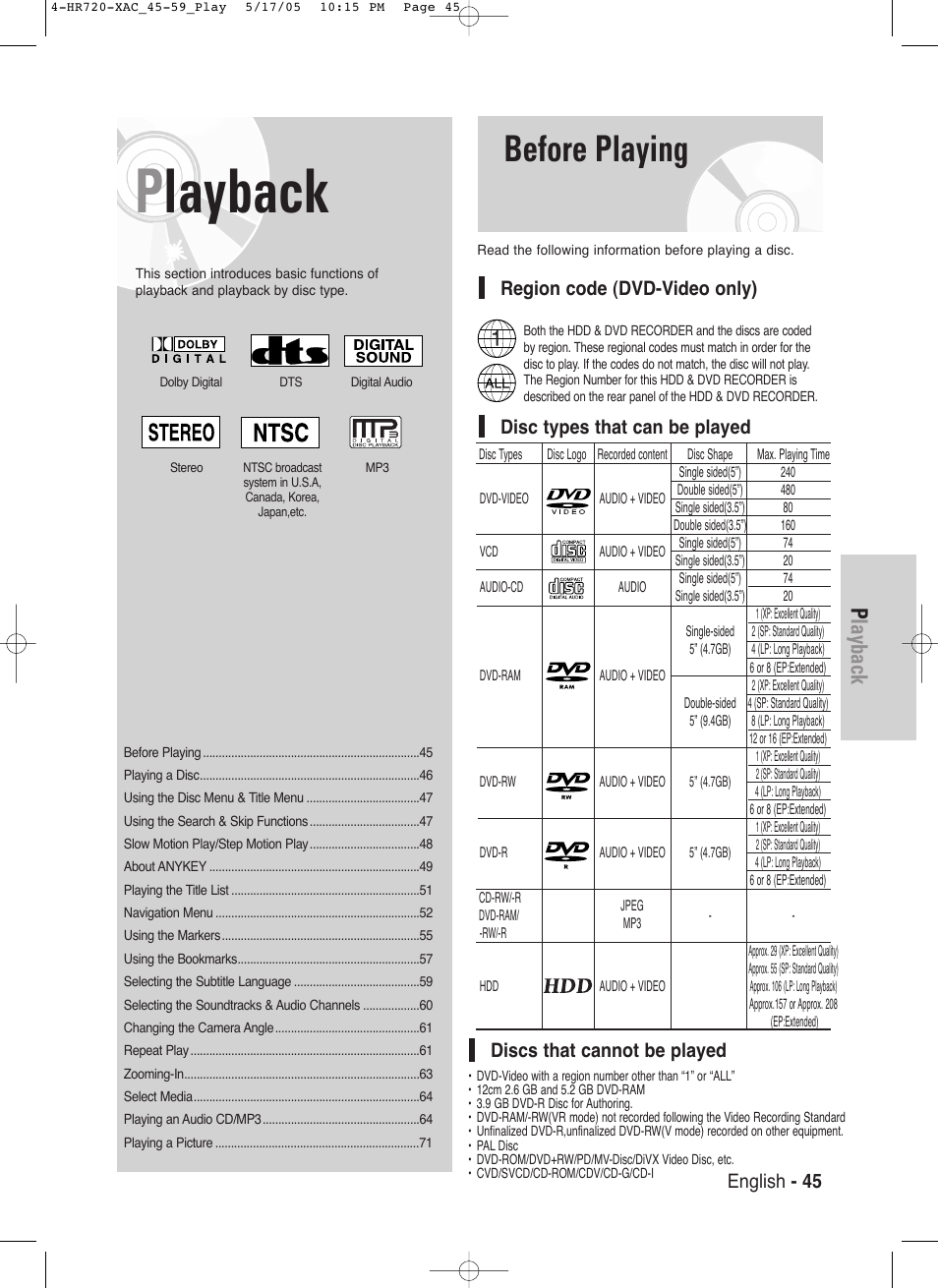 Before playing, Playback, English - 45 | Region code (dvd-video only) | Samsung DVD-HR720 User Manual | Page 45 / 130