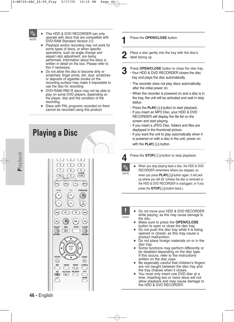 Playing a disc, Playback, 46 - english | Samsung DVD-HR720 User Manual | Page 46 / 130