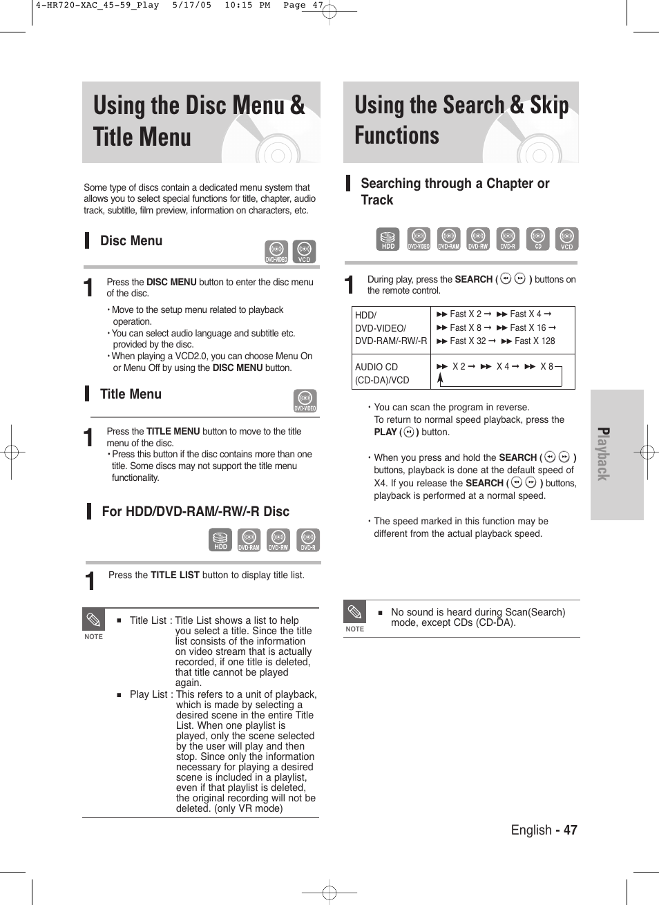 Using the disc menu & title menu, Using the search & skip functions, Playback | English - 47, Searching through a chapter or track, Disc menu, Title menu, For hdd/dvd-ram/-rw/-r disc | Samsung DVD-HR720 User Manual | Page 47 / 130