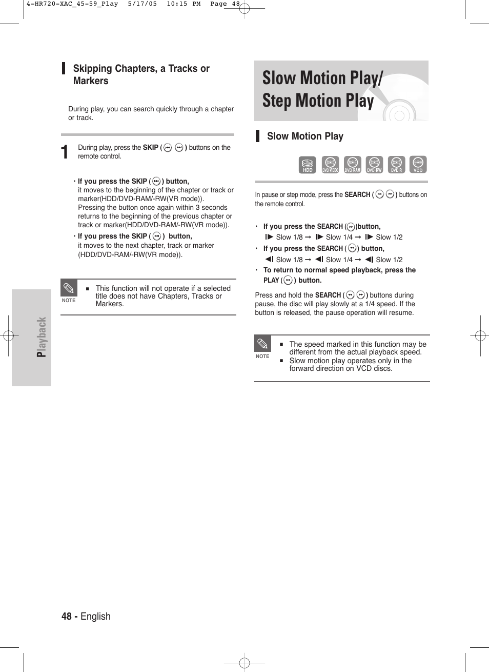 Slow motion play/ step motion play, Playback, 48 - english | Skipping chapters, a tracks or markers, Slow motion play | Samsung DVD-HR720 User Manual | Page 48 / 130