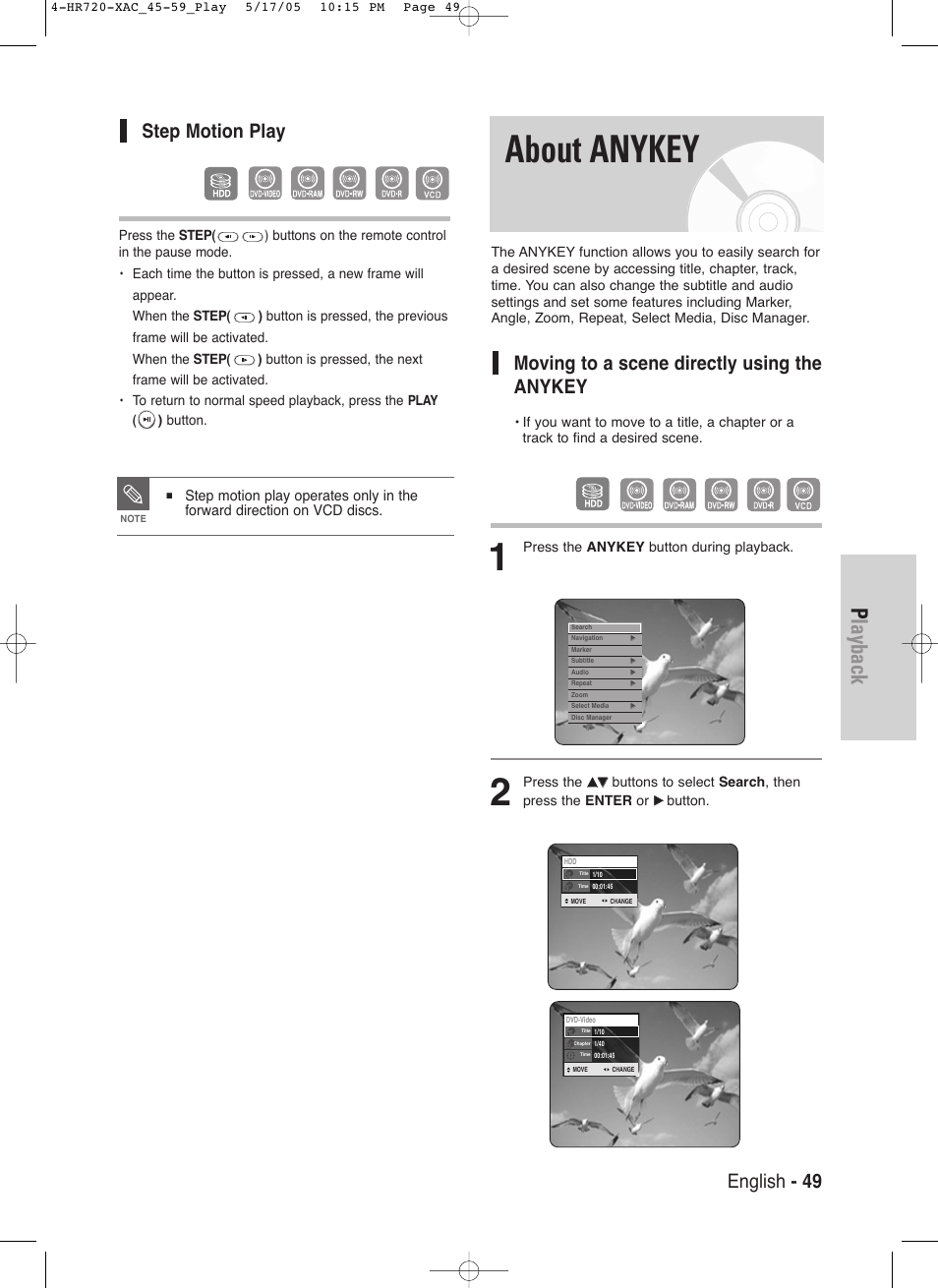 About anykey, Playback, English - 49 | Moving to a scene directly using the anykey, Step motion play | Samsung DVD-HR720 User Manual | Page 49 / 130