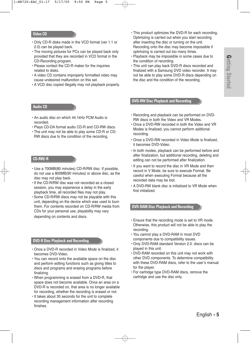 Getting started, English - 5 | Samsung DVD-HR720 User Manual | Page 5 / 130