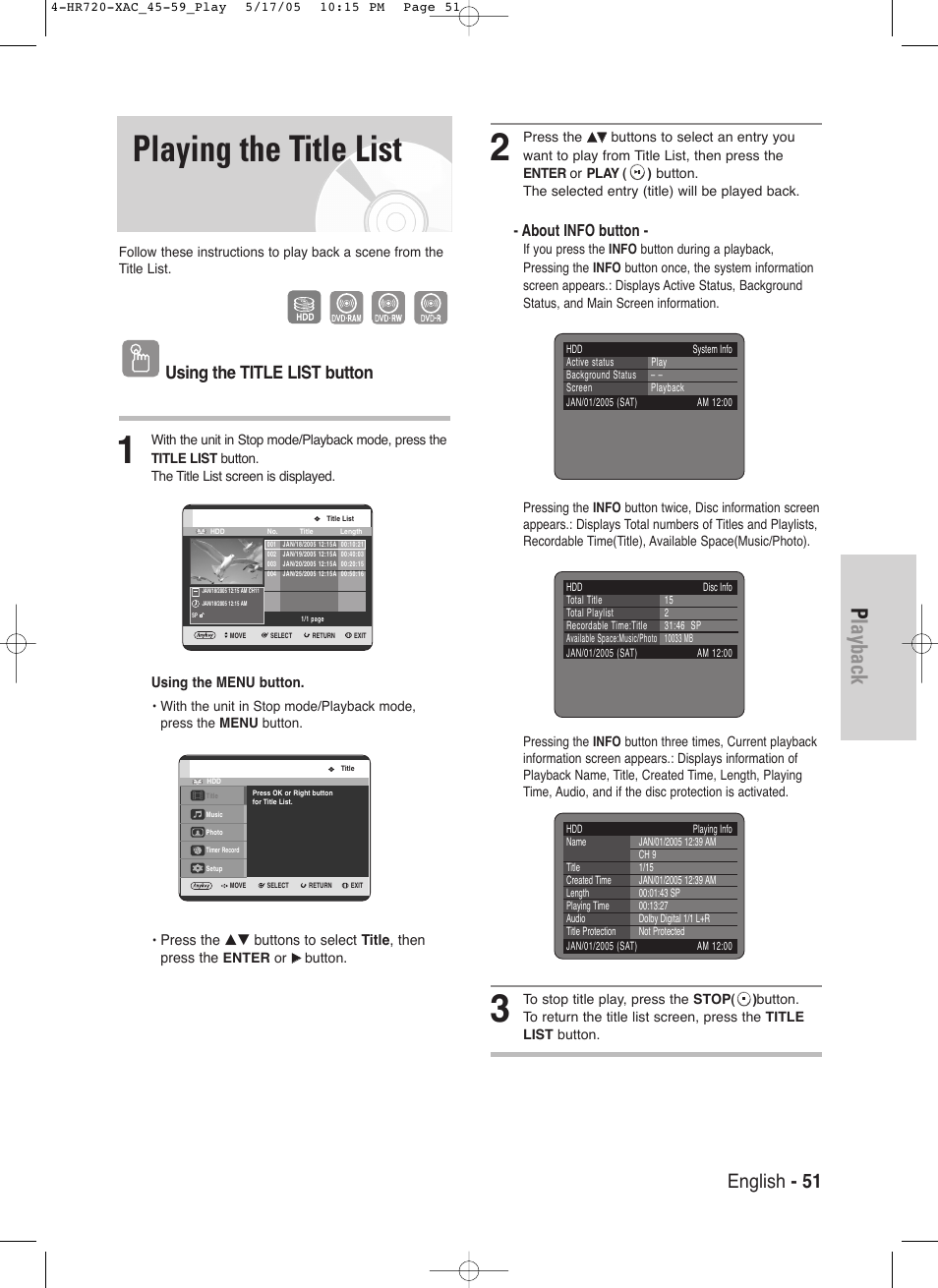 Playing the title list, Playback, English - 51 | Using the title list button, About info button | Samsung DVD-HR720 User Manual | Page 51 / 130