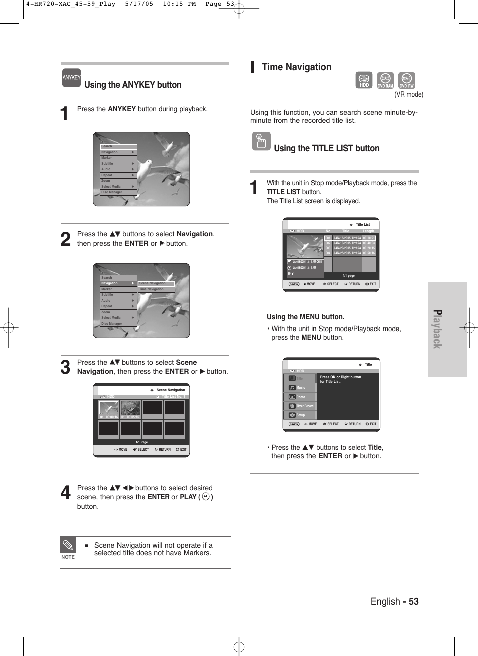 Playback, English - 53, Time navigation | Using the title list button, Using the anykey button, Using the menu button, Press the, Vr mode) | Samsung DVD-HR720 User Manual | Page 53 / 130