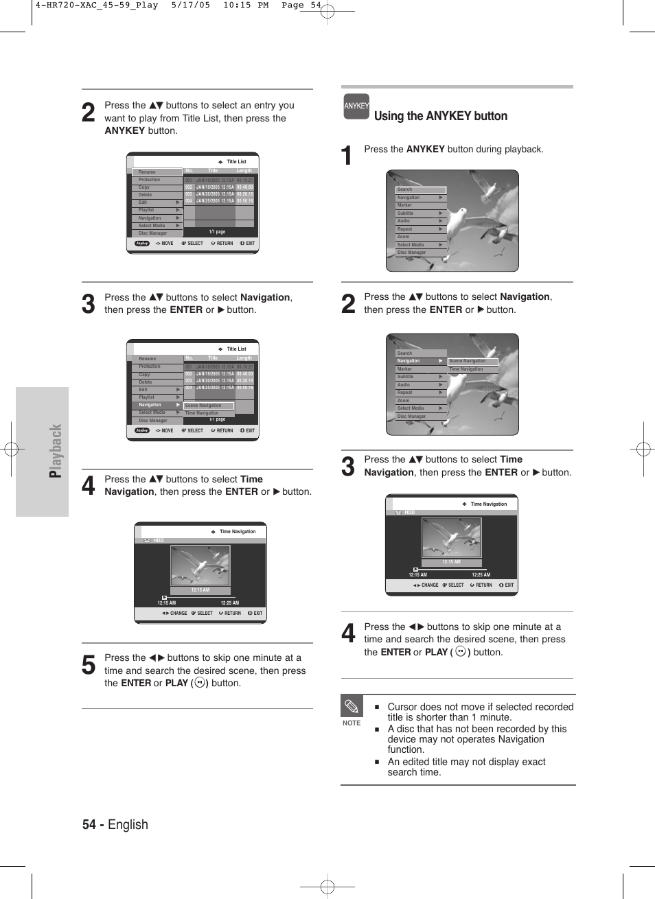 Playback, 54 - english, Using the anykey button | An edited title may not display exact search time, Press the, Button, Press the anykey button during playback | Samsung DVD-HR720 User Manual | Page 54 / 130