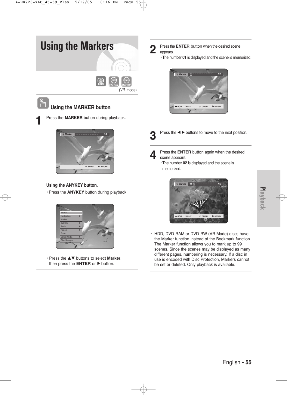 Using the markers, Playback, English - 55 | Using the marker button | Samsung DVD-HR720 User Manual | Page 55 / 130