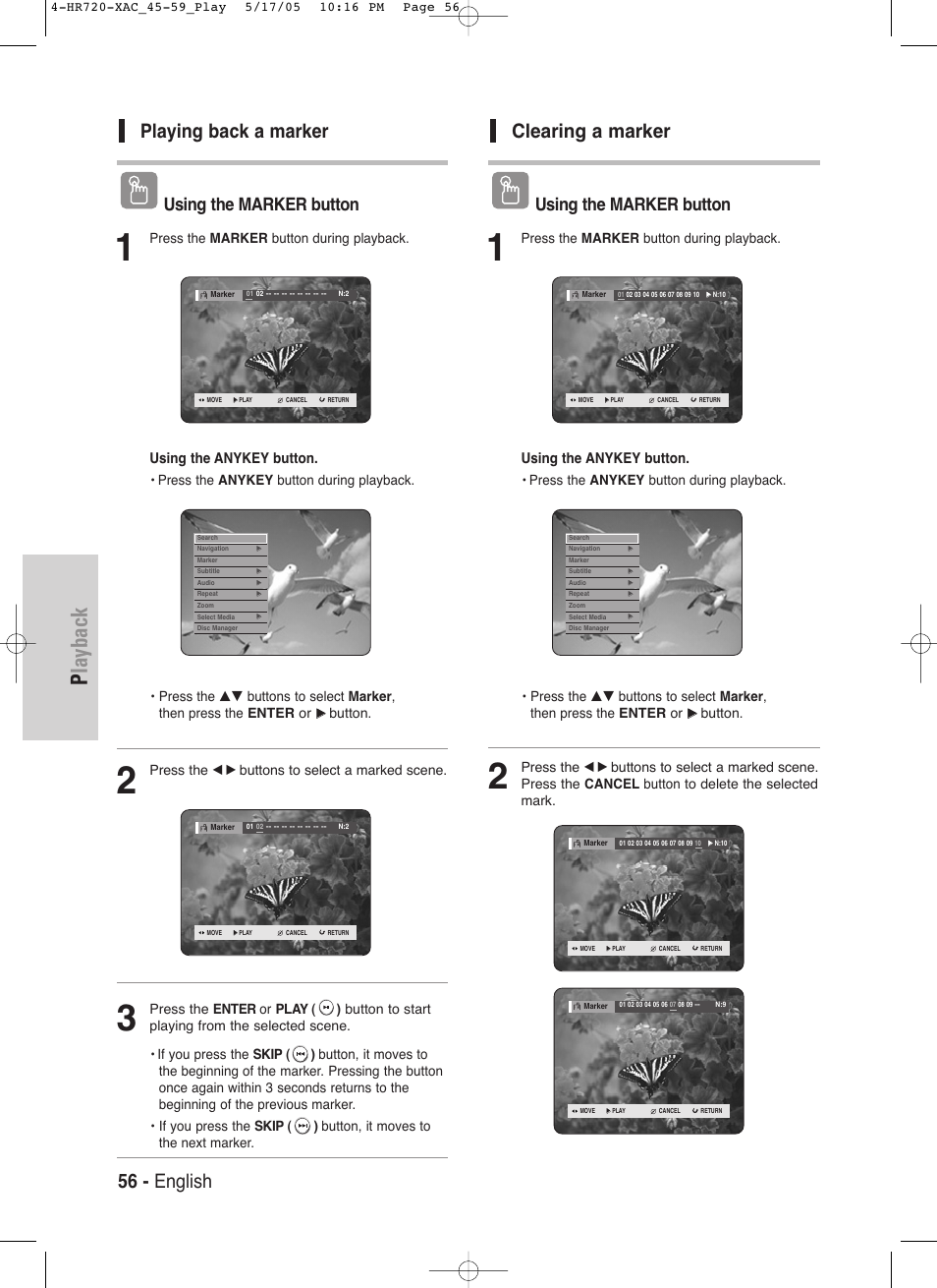 Playback, 56 - english, Playing back a marker | Clearing a marker, Using the marker button, Using the anykey button, Press the marker button during playback, Button, Press the œ √ buttons to select a marked scene | Samsung DVD-HR720 User Manual | Page 56 / 130