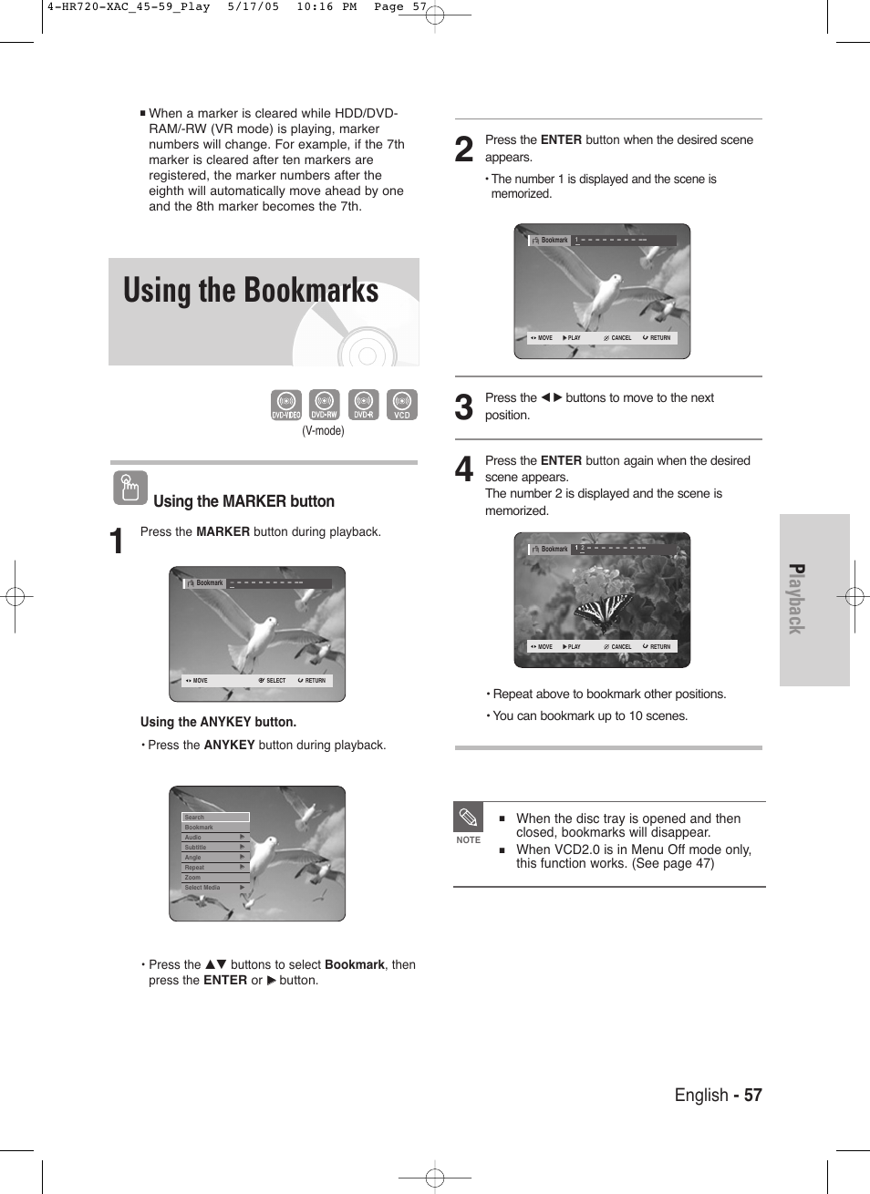 Using the bookmarks, Playback, English - 57 | Using the marker button | Samsung DVD-HR720 User Manual | Page 57 / 130