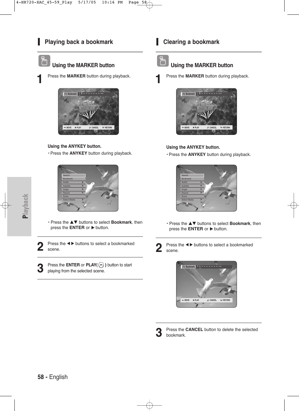 Playback, 58 - english, Playing back a bookmark | Clearing a bookmark, Using the marker button | Samsung DVD-HR720 User Manual | Page 58 / 130